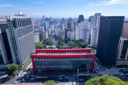 Aerial view of Av. Paulista in S&atilde;o Paulo, SP.  MASP, important museum of latin america.