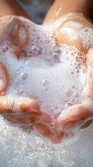 Fototapeta premium Hands cupping a rich lather of foamy soap during a close-up handwashing moment. 
