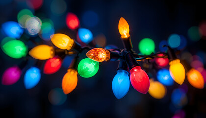 Vividly colored holiday string lights glow brightly against a dark background creating a beautiful festive and cheerful atmosphere perfect for winter celebrations and seasonal decorations