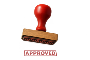 Rubber stamp with red handle creating an approved mark, symbolizing quality, acceptance, and authorization on transparent background