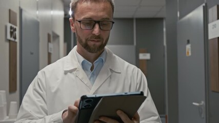 Front view close up shot of professional male doctor holding digital tablet and wearing lab coat while walking towards camera in clinic hall, focus flowing from hands to face, copy space - Powered by Adobe