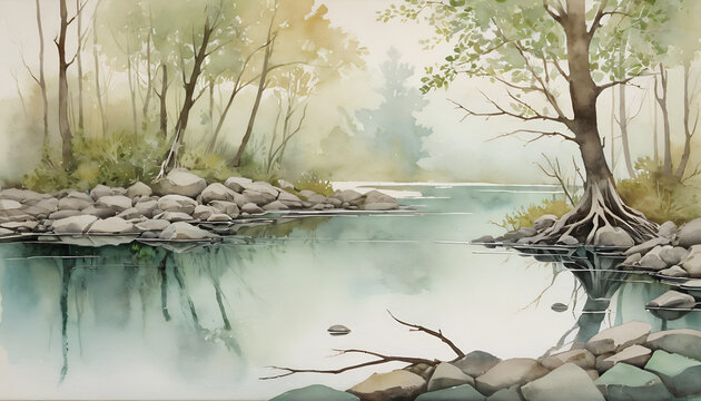 Serene Watercolor River Landscape Art with Roots & Rocks - Powered by Adobe