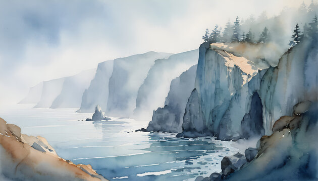Misty Coastal Cliffs Watercolor Art: Serene Ocean Landscape
