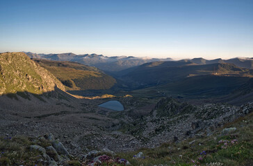 View from Portella d Envalira mountain pass above Pas de la Casa resorit in Pyrenees mountains in Andorra