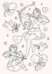 Vintage fairytail line art coloring page illustration of a Cupid and angel with bows among stars. A beautiful and festive page for a girly coloring book