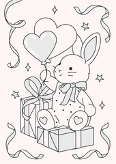 A detailed line art outline of a cute bunny with gifts, balloons, and festive ribbons. Baby's birthday coloring page for a fun holiday activity