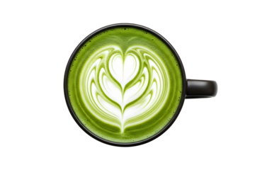 Overhead view of a matcha latte with latte art isolated on transparent background