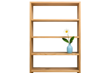 Empty wooden bookshelf with a single flower and vase isolated on transparent background
