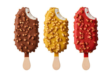 Three ice cream bars with chocolate and nuts isolated on transparent background