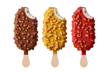 Three ice cream bars with chocolate and nuts isolated on transparent background