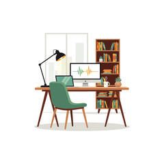 Fototapeta premium Home office desk setup icon flat vector design.