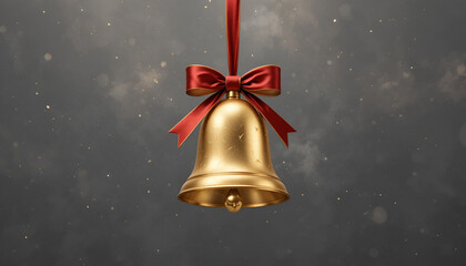 A shiny gold bell with a red ribbon tied around it hangs against a dark gray background with snowflakes.