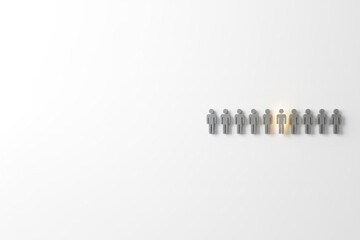 A row of identical human figures with one luminous character highlighted. Space for text.