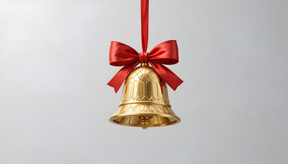 A shiny gold bell with a red ribbon tied around it hangs from a red string against a plain gray background.