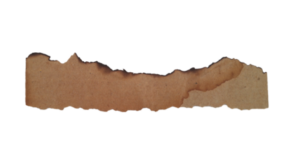 Distressed brown cardboard strip with burnt edges and stains isolated on transparent background