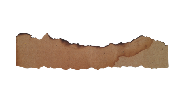 Distressed brown cardboard strip with burnt edges and stains isolated on transparent background
