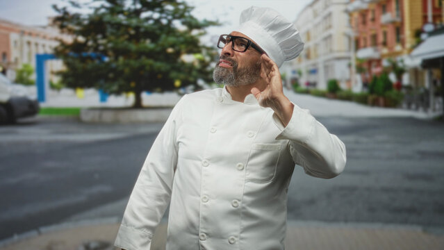Man chef adjusts his white hat and touches the brim while looking up on a busy urban street; thoughtful reflection. - Powered by Adobe