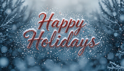 A festive holiday greeting surrounded by snowflakes and evergreen trees