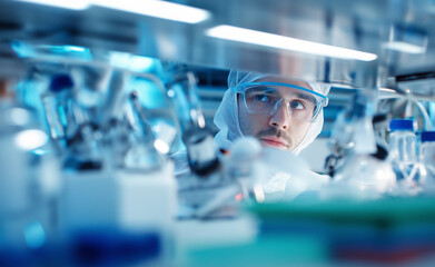 Scientist wearing protective goggles examining electronic components in a laboratory environment.
