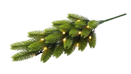 Green pine branch with warm white led lights isolated on transparent background