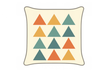 Decorative throw pillow showcasing retro geometric triangle pattern in beige, teal, orange, and yellow hues on transparent background