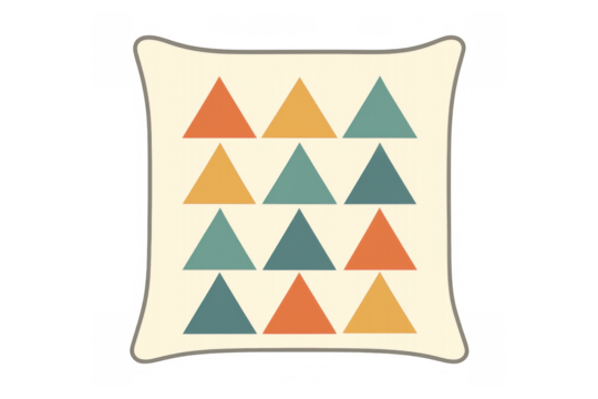 Decorative throw pillow showcasing retro geometric triangle pattern in beige, teal, orange, and yellow hues on transparent background - Powered by Adobe
