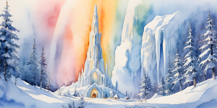 Magical Ice Castle Aurora: Winter Wonderland Watercolor