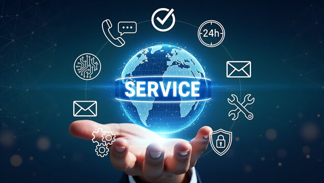 Global customer service network concept with businessman holding glowing earth.