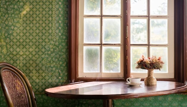 vintage cafe table by window with green patterned backdrop