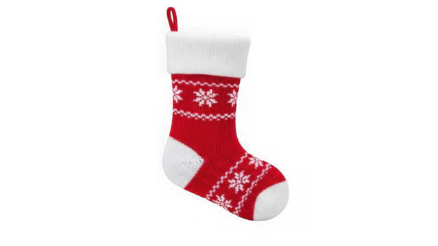 Red and white snowflake knit christmas stocking isolated on transparent background