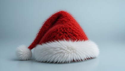 A red Santa hat with white trim sits on a light blue surface