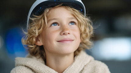 Child immersed in virtual reality experience with asteroid impact simulation