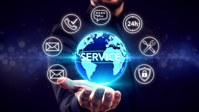 Global digital service and customer support network with icons on a glowing earth. - Powered by Adobe