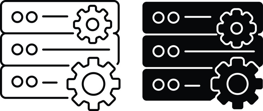 Editable  two style pack Backend server with cogs and code symbols silhouette. Handicraft Customise Design.