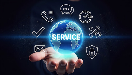 Global service and customer support concept with hand holding a glowing earth