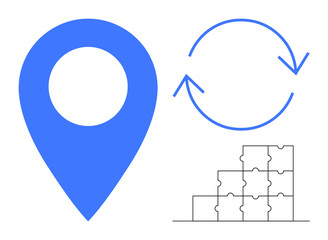 Navigation concepts. Location, process flow with an arrow, and puzzle pieces navigation solutions. Navigation for maps, process strategies, teamwork, systems thinking, planning tools