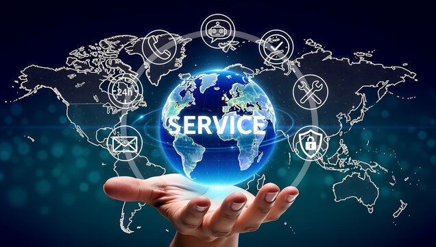 Global service concept with world map, hand holding globe and service icons