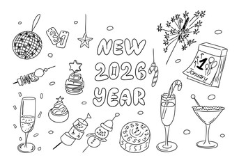 New year 2026 themed line illustration with festive elements like fireworks, drinks, snacks, ornaments and calendar. The concept celebrates holiday spirit, countdown and joyful winter festivities