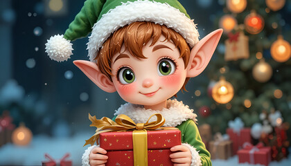 A cheerful Christmas elf holding a gift in a festive holiday scene