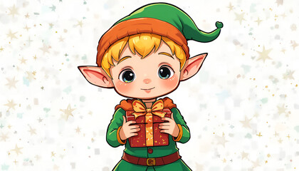 A cheerful cartoon elf holding a gift in a festive scene