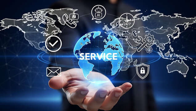 Service globe in hand with global network and customer support icons - Powered by Adobe