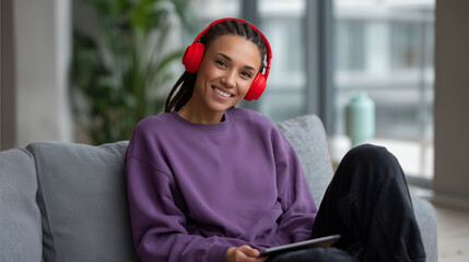 A bright, cozy indoor living-room scene featuring a young Asian woman in her early 20s relaxing on a modern grey sofa. She is captured in a medium-wide shot with her entire head fu