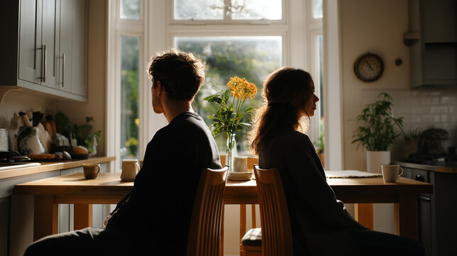 Silhouetted Man and Woman Sitting Back to Back at Dining Table in Emotional Distance Scene