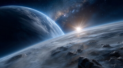 hyper-realistic cinematic deep-space scene showing a massive icy-blue planet on the right side of the frame, partially illuminated by a bright white-blue starburst coming from the