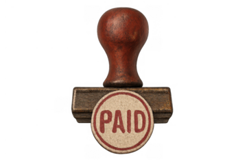 Rubber stamp with the word paid on its face, signaling a completed financial transaction and official approval on a transparent background