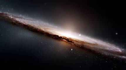 highly realistic deep-space scene featuring a luminous spiral galaxy viewed edge-on against a dark star-filled background. The galaxy is centered slightly above the horizontal midp