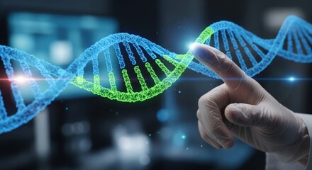 Scientist Editing DNA Strand on Digital Interface. scientist hand interacting with a glowing 3D holographic DNA strand. Represents genetic engineering, gene editing, cure, and medical innovation.