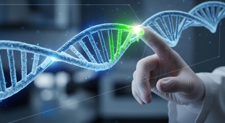 Scientist Editing DNA Strand on Digital Interface. scientist hand interacting with a glowing 3D holographic DNA strand. Represents genetic engineering, gene editing, cure, and medical innovation.