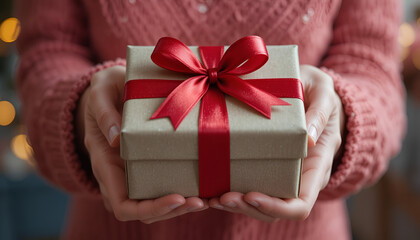 A person in a pink sweater holding a beautifully wrapped gift with a red ribbon