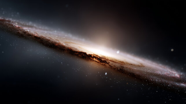 highly realistic deep-space scene featuring a luminous spiral galaxy viewed edge-on against a dark star-filled background. The galaxy is centered slightly above the horizontal midp